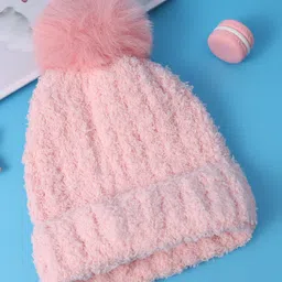 Babyhug Woollen Cap & Muffler Set with Bear Applique & Pom Pom Detailing  - Light Pink image 5