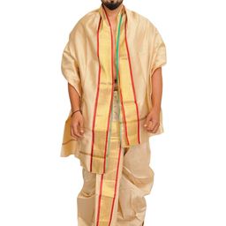 Exotic India Men Ready to Wear Dhoti and Veshti Set with Woven Golden Border-picture-27