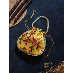 Aatmana Yellow Multi-coloured Leaf Pattern Potli Bag image 2