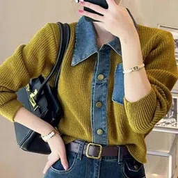 miss mosa by akanksha Alamode By Akanksha Women Olive Green Obsessed Denim Detailed Sweater-picture-37