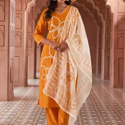 KALINI Women Floral Embroidered Regular Thread Work Kurta with Trousers & With Dupatta-picture-31