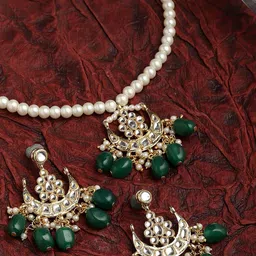 Sangria Gold-Plated Moon Shape Kundan Stone Studded & Beaded Jewellery Set-image-17