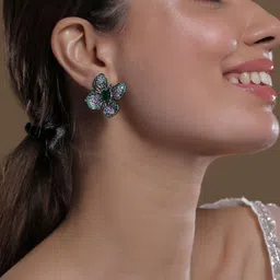 Rubans Rhodium-Plated Emerald & Lavender Cubic Zirconia Studded Black-Tone Floral Studs image 4