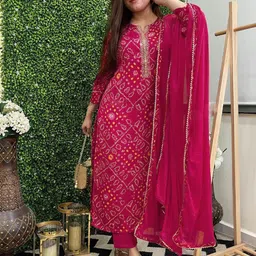 Anni Designer Bandhani Printed Regular Gotta Patti Straight Kurta with Trousers & Dupatta-picture-28