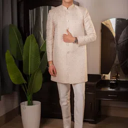 SUUTRAA BY SG Men Beige Jacquard Sherwani-picture-29