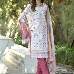 yoella White Floral Printed Cotton Kurta Set with Embroidered Neck & Linen Dupatta-picture-12