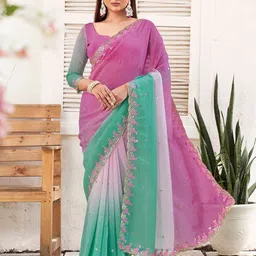 K 5 Fashion Floral Embroidered Beads & Stones Pure Chiffon Saree With Blouse Piece-image-46