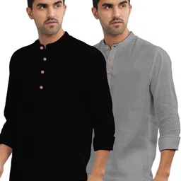 AMRIT TOP WEAR Selection Of 2 Mandarin Collar Roll-Up Sleeves Cotton Straight Short Kurtas image 2