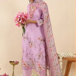 Indo Era Women Floral Printed Regular Thread Work Linen Kurta with Trousers & With Dupatta-picture-23