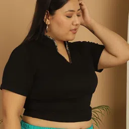 theRebelinme Women Mandarin Collar Cotton Plus Size Fitted Crop Top image 3