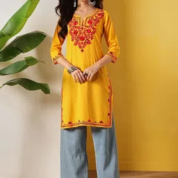FEMBLISS Women Embroidered Aari Work Pure Cotton Straight Kurti image 1