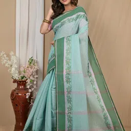 PuJoy Striped Printed Border Pure Cotton Taant Saree image 3