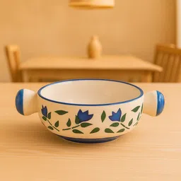 athena home Ceramic Soup Bowl Handcrafted Ceramic Soup Bowl with Handles | Blue Floral Design Disposable image 1