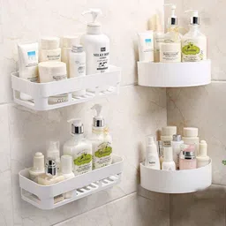 Wall Shelves Kitchen Bathroom Shelf Self-Adhesive Sticker Hooks Multipurpose Wall Holder Bathroom Storage Rack Box Strong Shower Rack Shelf (2 Bathroom Shelves + 2 Corner Stand White) Plastic Wall Shelf (Number of Shelves - 4, White) Plastic Wall Shelf-image-42