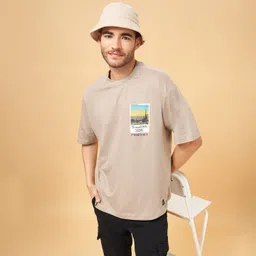 people Men Printed, Typography Crew Neck Pure Cotton Brown T-Shirt-picture-34