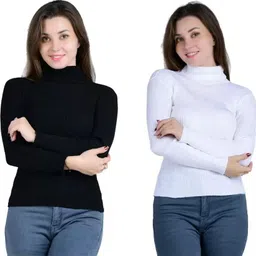 sym Pack of 2 Women Solid High Neck Cotton Blend Black, White T-Shirt-picture-20