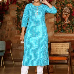 Yufta Women Blue & Off-White Leheriya Dyed Straight Kurta-picture-14