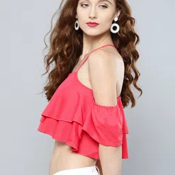 Veni Vidi Vici Women Coral Pink Solid Layered Bardot Top image 3