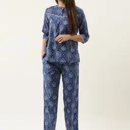 SANSKRUTIHOMES Women Navy Blue & White Printed Cotton Night suit image 5