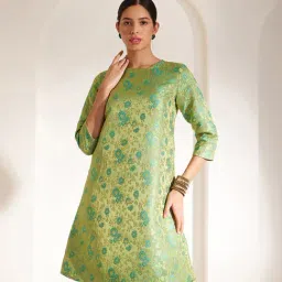 Fablestreet Green & Gold Floral Print Shift Dress-image-90