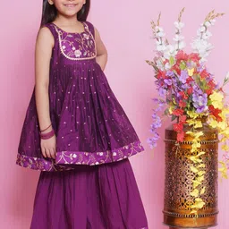 Little Bansi Girls Floral Embroidered Pure Silk Anarkali Kurta with Sharara & Dupatta image 4
