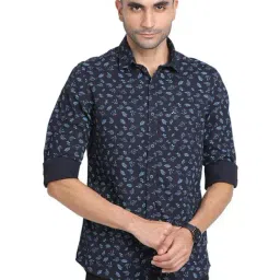 Turtle Navy Cotton Slim Fit Printed Shirt-image-5