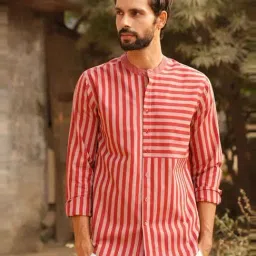 Jaypore Men Red Striped Hand Woven Straight Fit Shirt image 3