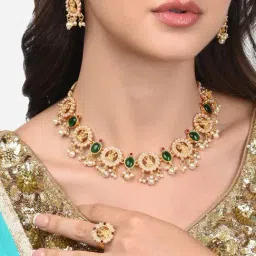 Zaveri Pearls Green & Pink Stones Goddess Laxmi Temple Choker Necklace Earring & Ring Set-ZPFK13804-picture-27