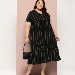 Sztori Plus Size Cotton Linen Tie-Up Striped A-Line Midi Dress image 5
