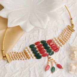 Teejh Amisha Green & red Beaded gold necklace-picture-35