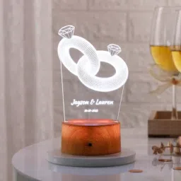 Personalized Couple Ring LED Lamp - Wooden Finish Base image 1