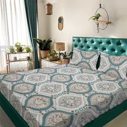 Arrabi Beige & Blue Ethnic Motifs 350 TC King Bedsheet with 2 Pillow Covers-picture-12