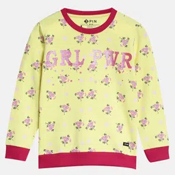 3PIN Full Sleeves Botanical Floral & Girl Power Glitter Printed Sweatshirt - Yellow-picture-11