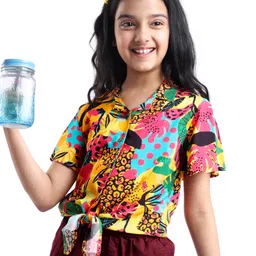 Pine Kids Viscose Woven Half Sleeves Top with Floral Print & Tie Knot Design - Multicolor-picture-13