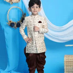 Vastramay Silk Jacquard Full Sleeves Floral Embroidered Sherwani & Dhoti Set - Beige & Brown-picture-33