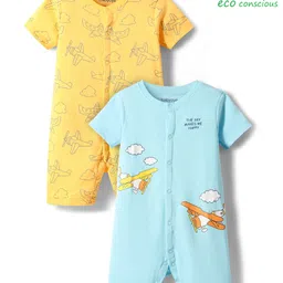 Babyoye 100% Cotton Knit Half Sleeves Eco Jiva Finish Rompers with Aeroplane Print Pack of 2 - Light Blue & Yellow-picture-24