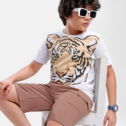 OLLINGTON ST. 100% Cotton Knit HalfSleeves T-Shirt & Shorts Set with Tiger Print - White & Brown-picture-24