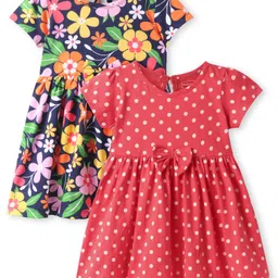 Babyhug Single Jersey Knit Half Sleeves Dresses With Polka Dot & Floral Print & Bow Applique Pack of 2 - Red & Navy Blue-picture-17