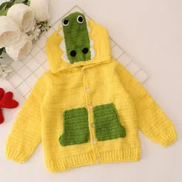 Woonie Hand Knitted Full Sleeves Dinosaur Designed Hooded Cardigan - Yellow-picture-12
