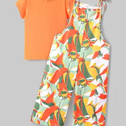 OLLINGTON ST. 100% Cotton Knit Floral Printed Dungaree & Half Sleeves Inner Top - Multicolour & Orange-picture-14