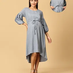 The Mom Store Cotton Three Fourth Balloon Sleeves Striped Maternity Dress With Nursing Access - Grey image 1