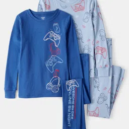 Carter's Knit Full Sleeves Co-ord Night Suits With Gaming Theme Text Print Pack of 2 - Light Blue & Blue-picture-16