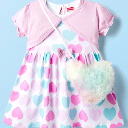Babyhug Single Jersey Knit Half Sleeves Shrug with Frock with Heart Print Bow Applique & Sling Bag - Pink White & Light Blue-picture-29