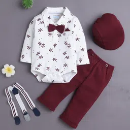 BUMZEE Cotton Knit Full Sleeves Leaves Printed & Attached Bow Onesie & Pant Set With Suspender & Cap - White & Maroon-picture-19