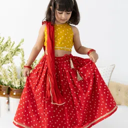 Tiber Taber Cotton Woven Sleeveless Bandhani Printed & Gota Lace Embellished Lehenga Choli With Dupatta Set - Yellow image 1