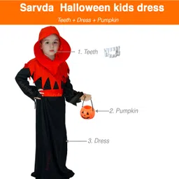 Sarvda Halloween And Vampire Costume Theme Full Sleeves Solid Dress With Teeth Prop And Pumpkin Lantern - Black image 3