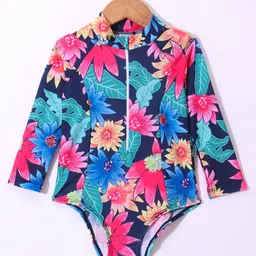 KIDLINGSS Full Sleeves Tropical Floral  Printed V Cut Swimsuit With Cap - Multi Colour image 3