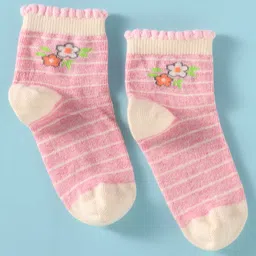Mustang Cotton Knit Ankle Length Socks with Stripe & Floral Design - Pink image 2
