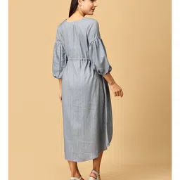 The Mom Store Cotton Three Fourth Balloon Sleeves Striped Maternity Dress With Nursing Access - Grey image 3