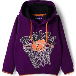 Pine Kids Cotton Knit Full Sleeves Hooded Sweatshirt With Front & Back Basketball Print - Purple image 2